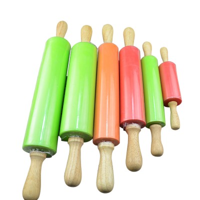 Wholesale baking tools colorful silicone rolling pin solid wood handle roller non-stick kneading stick