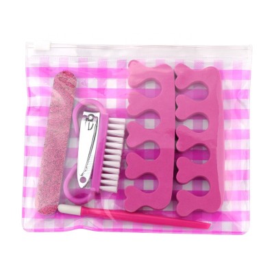 Customized Printed manicure set pink nail care tools set wholesales six piece with bag Nail file Toe Separator